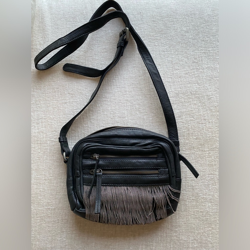 Black Leather Fringe Crossbody Bag